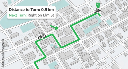 Navigation App Displaying a Bike Route with Turn Instructions.
