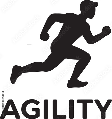 Black silhouette icon representing agility and speed, showing a person running quickly with dynamic movement.
