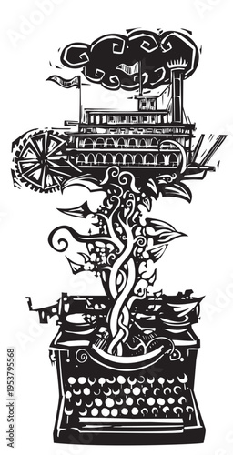Woodcut style image of a type writer with an american riverboat  emerging from it