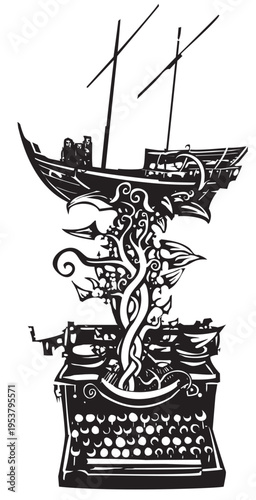 Woodcut style image of a type writer with an arabic ship or dhow emerging from it