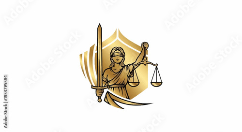 Justitia goddess of justice holding scales and sword in gold crest symbolizing law and order
