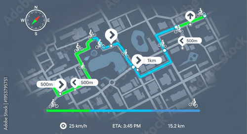 Navigation Interface Displaying Route and Direction on a Map.