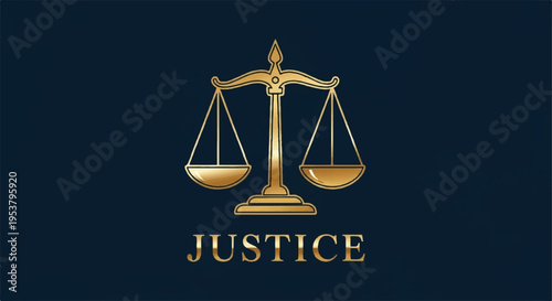 Golden scales of justice symbol on dark background with the word justice representing law and order