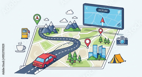 Road Trip Planning Illustration with Car and Map.