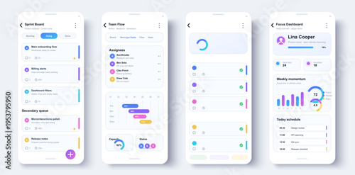 Modern project management mobile app interface set with sprint board, team flow, task tracking, assignees, schedules, and productivity analytics in a clean pastel UI style.