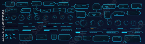 Futuristic HUD elements pack with neon cyan interface frames, radar targets, progress bars, arrows, and modular sci-fi UI components on dark background for game and dashboard design.