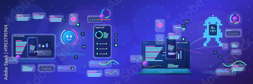 Futuristic AI app builder interface with smart assistant, deployment workflow, mobile dashboards, agent studio panels, and automation widgets in a glowing neon technology scene.