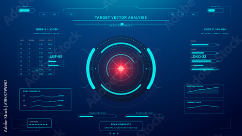 Minimal futuristic HUD dashboard with central radar target, telemetry panels, bar charts
