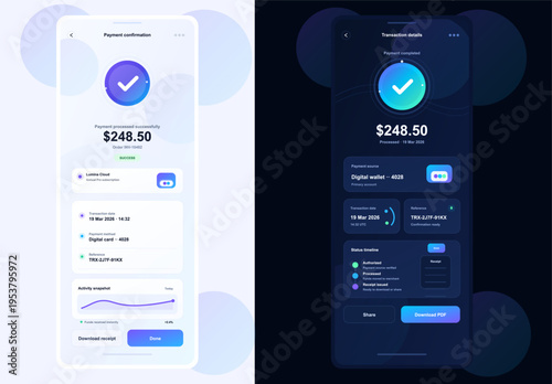 Modern fintech mobile confirmation screens showing successful payment, transaction details, wallet source, receipt download, and finance controls in light and dark UI themes.