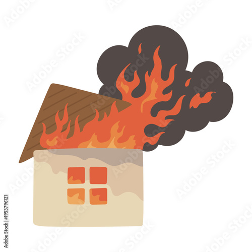激しい炎と黒煙が立ち上る住宅火災のコンセプトイラスト