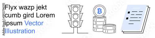 Finance, cryptocurrency, technology, regulation, traffic systems, documentation. Image of a traffic light, Bitcoin coins and a document. Cryptocurrency and finance concepts