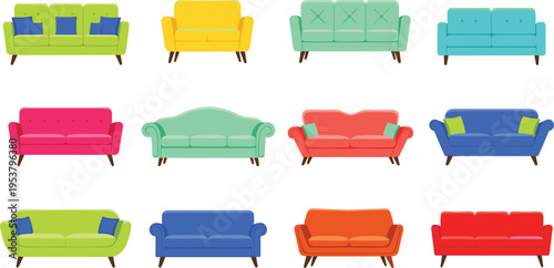 Colorful sofa collection with modern couches and living room furniture isolated flat vector illustration interior design set