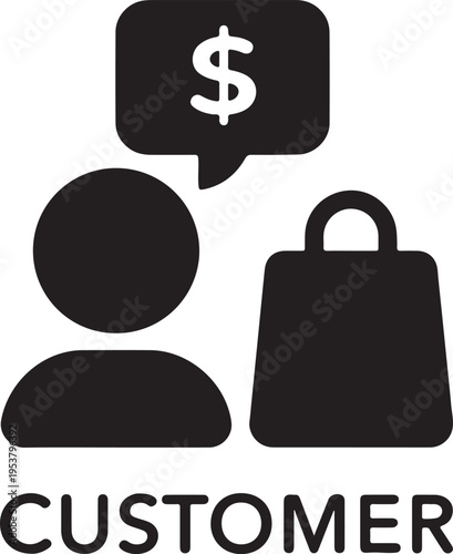 Black silhouette icon depicting a customer with a shopping bag and a dollar sign speech bubble, representing consumer spending.
