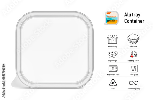 Realistic square aluminium foil tray with lid mockup with set icons. Vector illustration isolated on white background. Can be use for food, wet food, pate and etc. Ready for your design. EPS10.