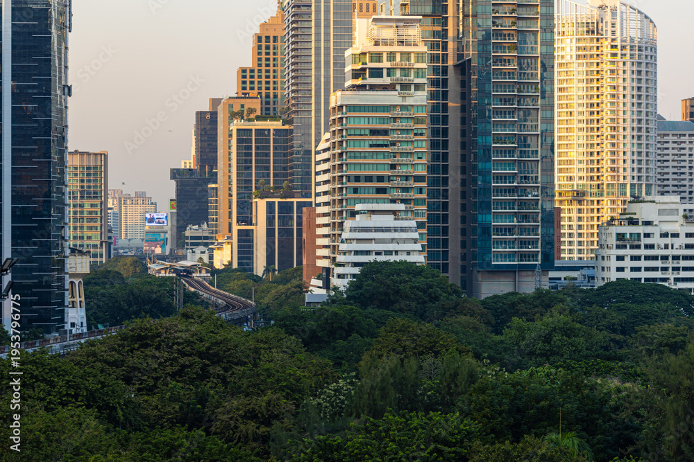 Fototapeta premium Modern office building and condominium with green tree Lumphini park sunset sky