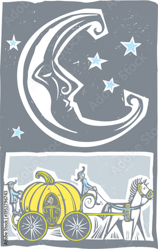 Woodcut style fairy tale moon with a pumpkin carriage 