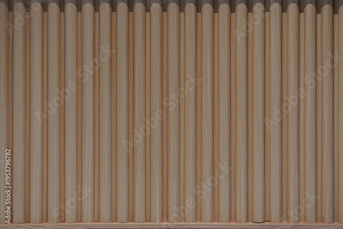 Vertical fluted wood panel texture. Modern interior wall cladding with light brown wooden slats in a seamless pattern.