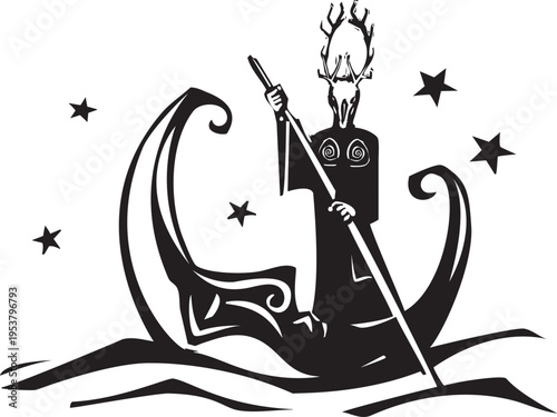 Woodcut style moon as a canoe and a pagan God