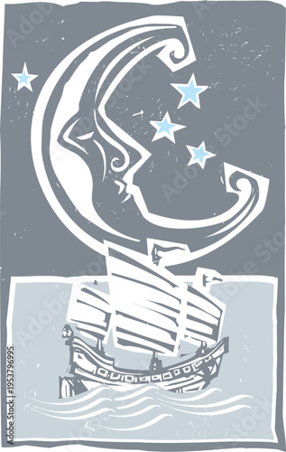 Woodcut style moon and a Chinese Junk