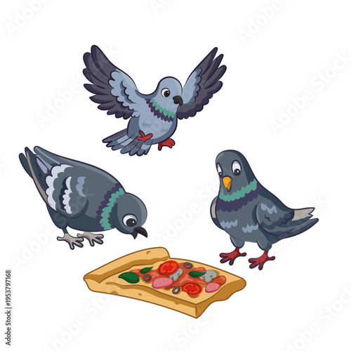 Cute cartoon pigeons eating pizza slice, funny urban birds vector illustration