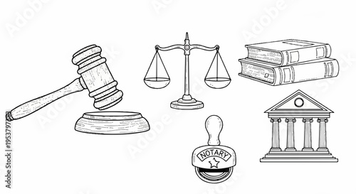 Law and justice symbols including gavel scales books courthouse and hourglass on white background