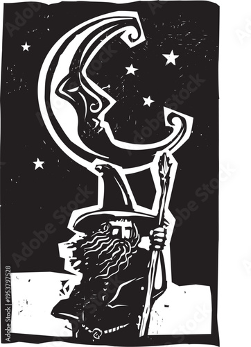 Woodcut Moon with a face and a Wizard with a staff