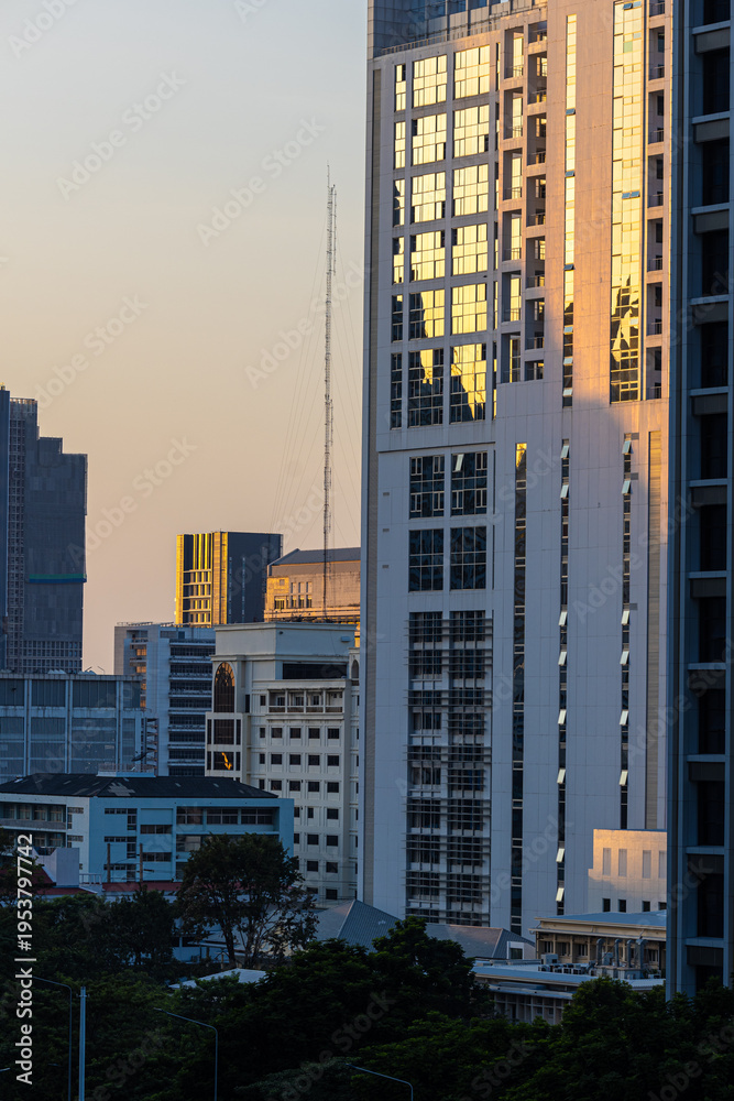 Fototapeta premium Modern office building and condominium with green tree Lumphini park sunset sky