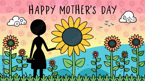 A black silhouette of a woman standing in a colorful field of sunflowers for happy mother's day