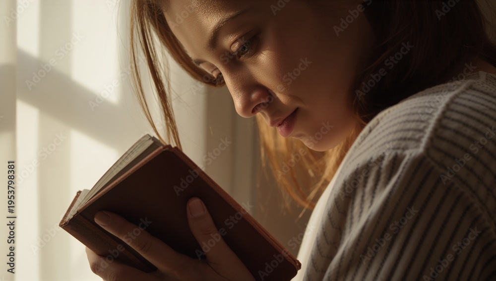 Obraz premium Holding small brown hardcover book, woman in light ribbed sweater reading beside window muntins