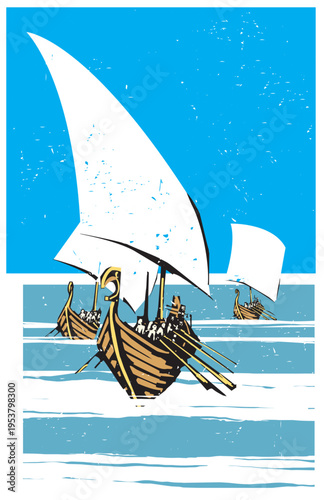 Three viking ships sailing on the sea