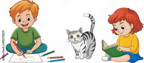 Cartoon illustration of two children with orange and red hair happily drawing and reading alongside playful cat, creative educational design for childhood learning, imagination, 