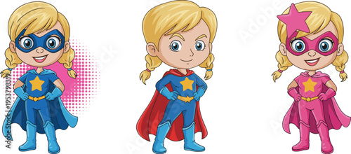 Cartoon illustration of young blonde girl dressed as superhero in three costume variations with masks, capes, and star emblem, confident character design for children, 