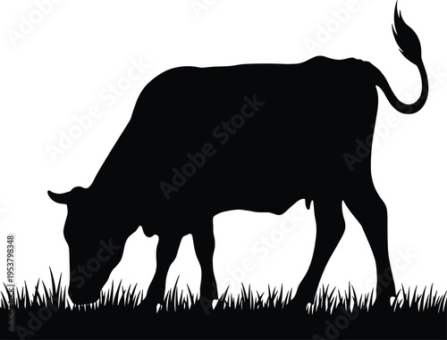 Cartoon silhouette illustration of cow grazing on grass, simple black pastoral design representing agriculture, livestock, rural farming, countryside lifestyle, and traditional 