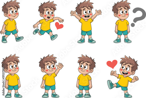 Cartoon illustration of young boy in eight different poses and emotions including walking, waving, thinking, standing, and showing affection, educational character design for storytelling