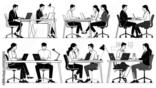 Business professionals collaborating at tables with laptops, modern office vector illustration representing teamwork, productivity, meetings, and co‑working culture
