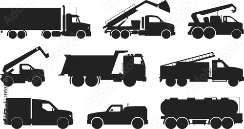 Collection of nine black silhouettes of utility, construction, emergency, and commercial trucks including semi‑truck, dump truck, fire truck, tanker, and service vehicles for transportation 