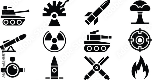 Collection of twelve black military icons including tanks, missiles, nuclear explosion, radiation symbol, target, bullet, and flame, representing warfare technology, defense systems, 