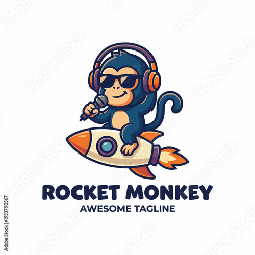 The energetic monkey character is riding a rocket while wearing sunglasses and headphones, exuding a fun and upbeat vibe that encourages creativity and joy.