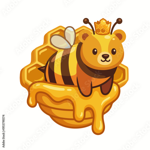 This adorable baby bear bee character, seated in a honeycomb, embodies sweetness and charm, representing nature's beauty and the importance of pollinators in our ecosystem.