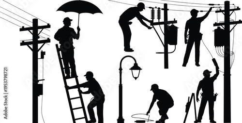 Electricians working on power lines in various positions silhouette vector illustration, utility workers performing electrical maintenance, high voltage equipment repair, safety and service concept
