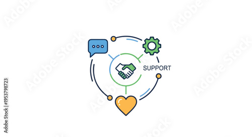 Flat 2D illustration of a strong customer relationship concept with a heart, support, and gear elements in a circular composition.