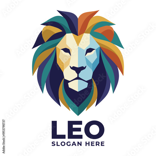 An impressive lion head illustration showcasing a colorful mane in geometric shapes, symbolizing strength, courage, and resilience in a modern artistic style.