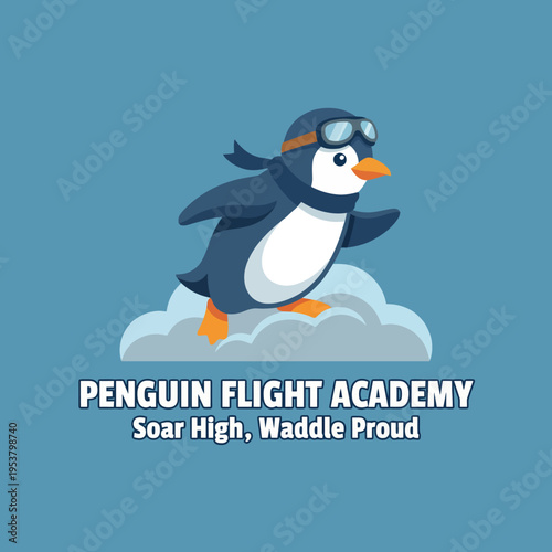 An adorable penguin character wearing aviator gear, playfully soaring atop fluffy clouds, ideal for projects associated with fun, adventure, and positivity in a cute style.