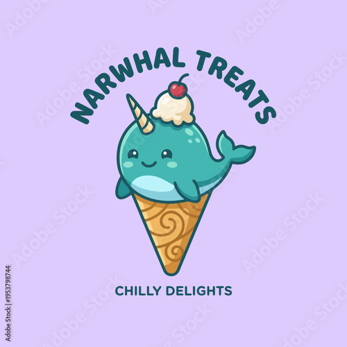 This playful logo showcases a cute narwhal with an ice cream cone, appealing to a fun-loving audience looking for delightful and whimsical treats in a colorful presentation.