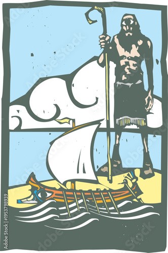 Woodcut style image of a greek galley with Cyclopes watching it 