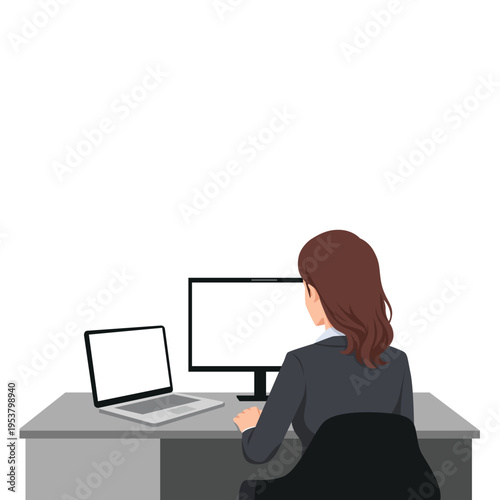 Businesswoman Working at Desktop Computer in Modern Office. Flat vector illustration isolated on white background