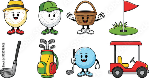 Cute golf elements collection with cartoon characters clubs cart and flag isolated on white background sport vector illustration set