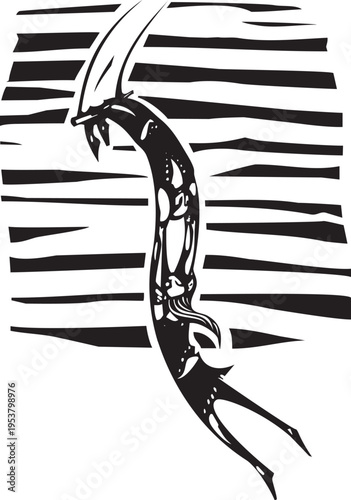 Woodcut style image of trapeze artists at a circus