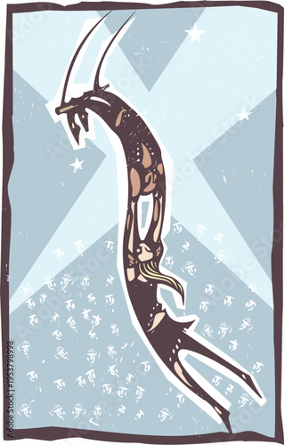 Woodcut style image of trapeze artists at a circus