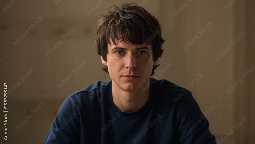 Fototapeta premium Sitting man wearing navy crewneck sweatshirt facing camera in studio, arms resting on low surface